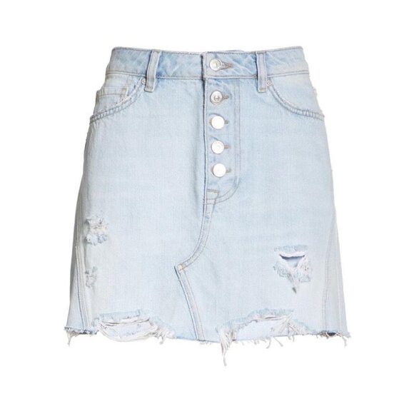 Free People Denim A-Line Light Wash Skirt Size 25 Revolve Distress Button Front - Picture 2 of 13